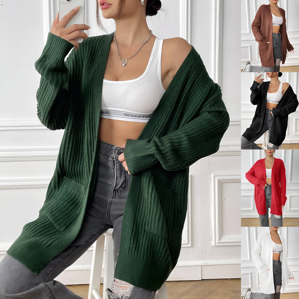 Women's loose fit acrylic cardigan with double pockets in dark green colour
