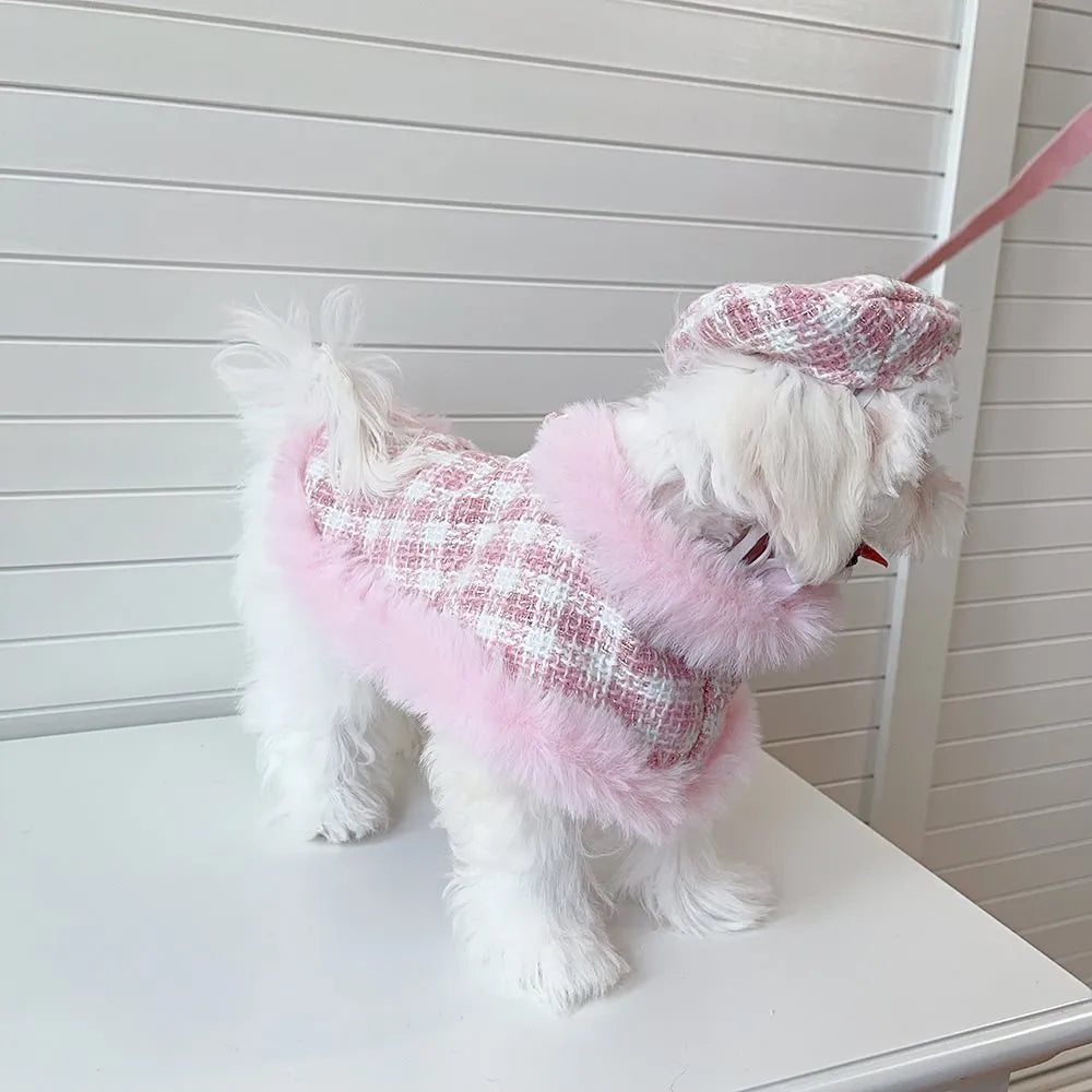 Pink polyester cat costume with beret and cape, adjustable with drawstring, available in XS S M L XL sizes