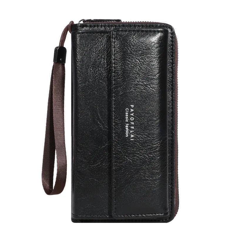 Men's PU leather wallet with multiple card slots in casual long design showing black colour option
