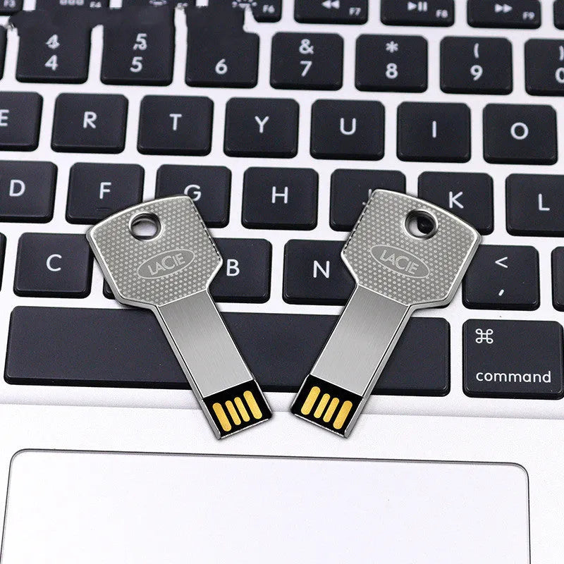 White metal USB 2.0 flash drive with key-style conjoined design, 47.5 x 13.5 x 4.5 mm