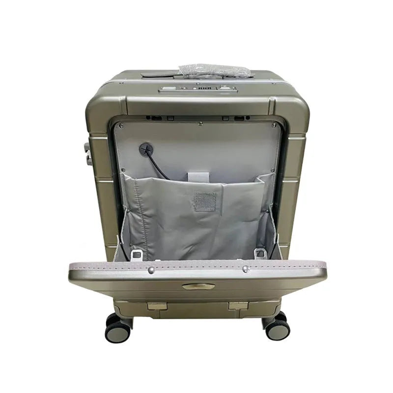 20-inch front opening suitcase in titanium silver colour with wet-dry separation compartments and universal wheels.