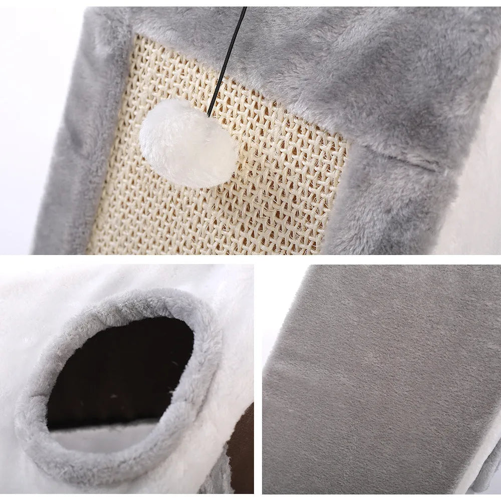Triangle-shaped cat scratching post with sisal surfaces and integrated plate fur cushion bed