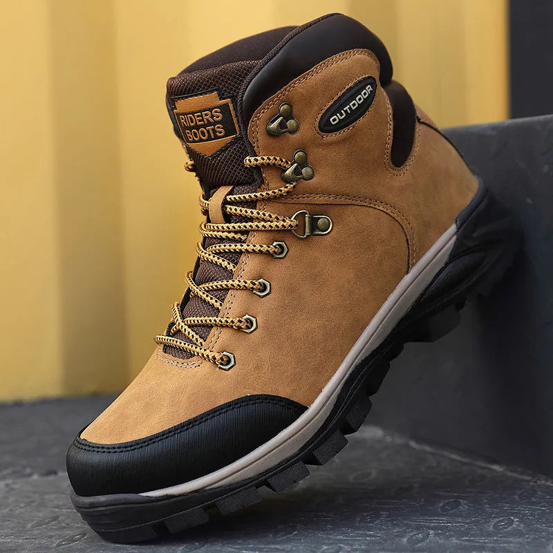 Men's winter high-top cotton boots in black, first layer cowhide leather, velvet lining, rubber sole, lace-up style