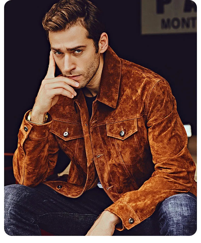 Men's brown pig skin leather biker jacket with zip front and pockets, American casual style