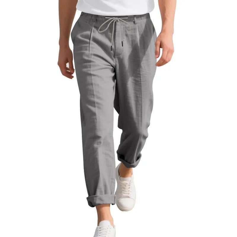 Men's linen straight leg trousers in army green with drawstring waist