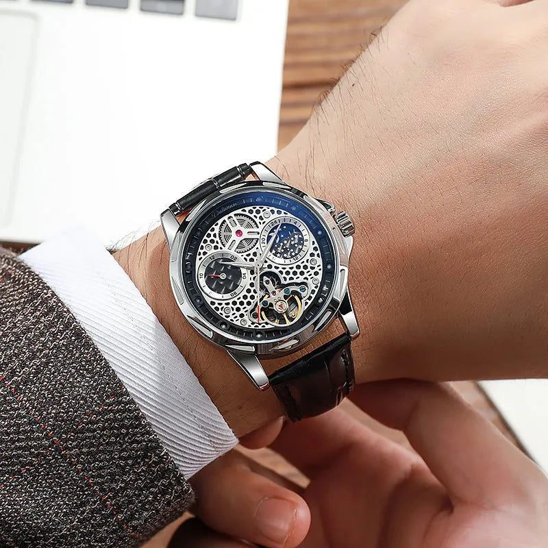 Men's waterproof automatic watch with luminous markers on a steel bracelet and a black dial.