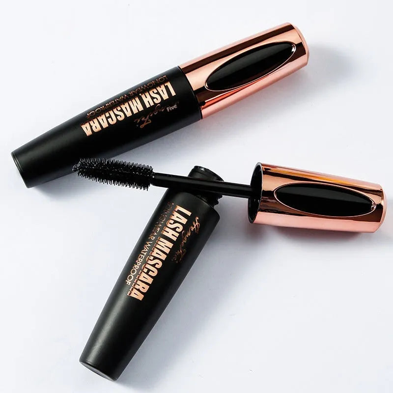 Black waterproof and sweat-proof mascara tube for long curling lashes.