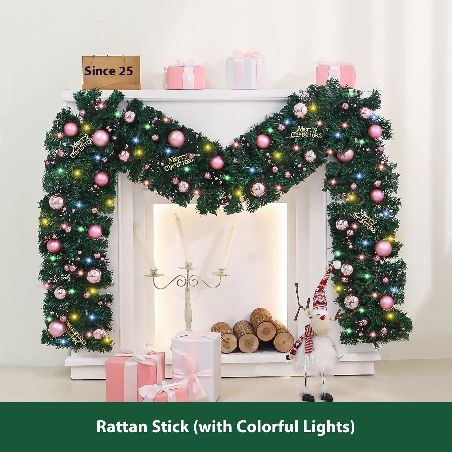 2.7 metre pink Christmas rattan vine garland with 240 decorations and optional LED lights