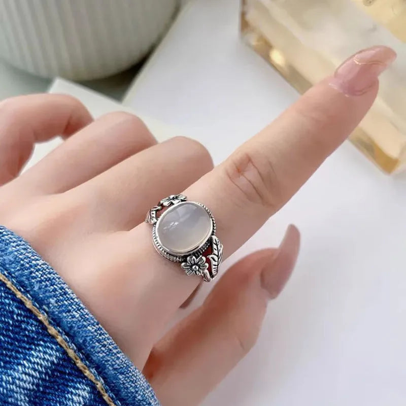 Adjustable copper vintage ring with white chalcedony colour and U-shaped open mouth design