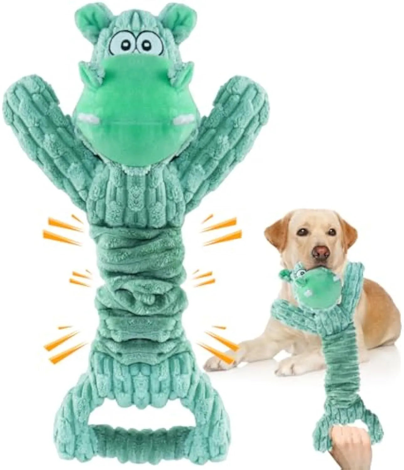 Large blue plush dog toy with handle for tug-of-war play