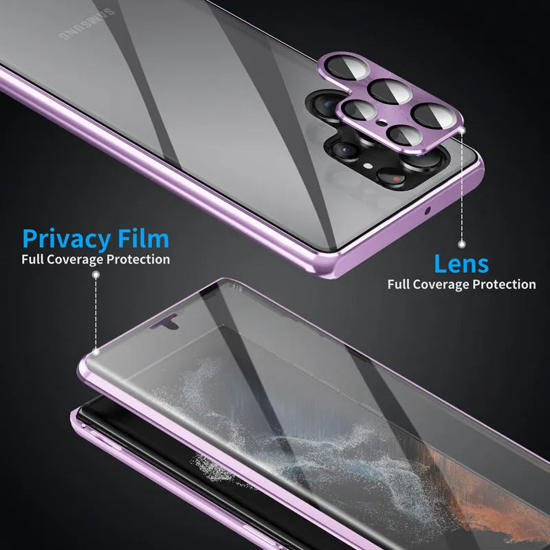 Peep-proof magnetic mirror phone case for Samsung S24 Ultra in black metal construction