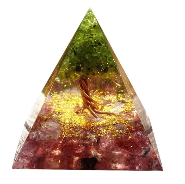 Clear epoxy resin pyramid ornament with embedded blue lapis lazuli crystal gravel, 6cm tall.
