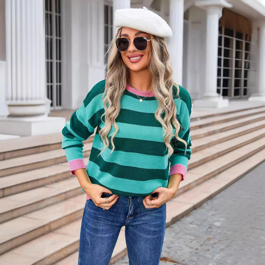 Women's loose fit long sleeve acrylic sweater in blue, round neck, knitted texture