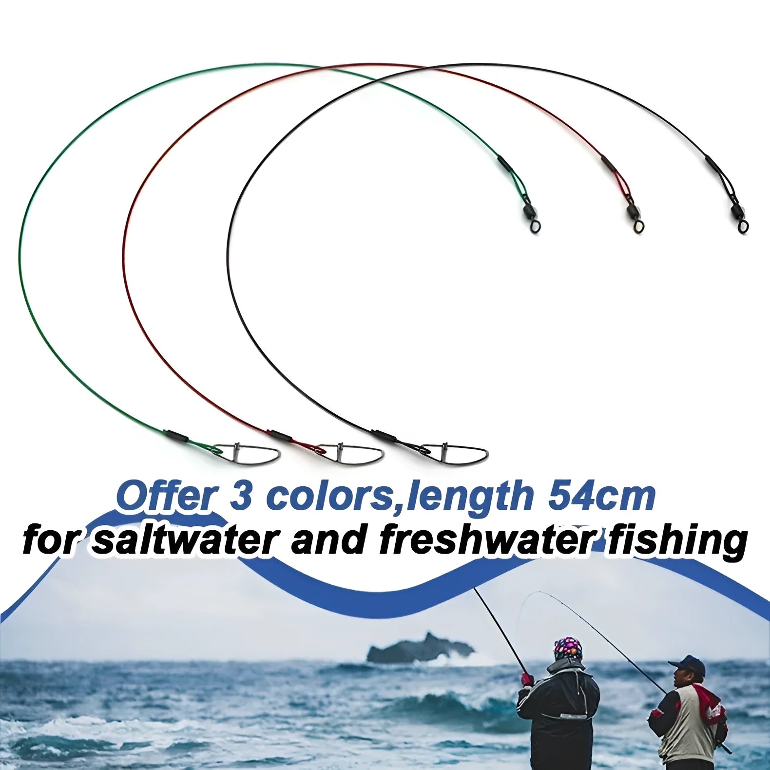 Ten green anti-bite steel wire fishing leaders with double buckle pins, each 54cm long, laid out straight.