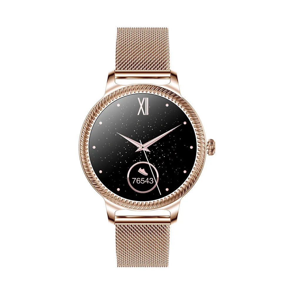 AK38 ladies smart watch with stainless steel wristband and 1.09-inch display