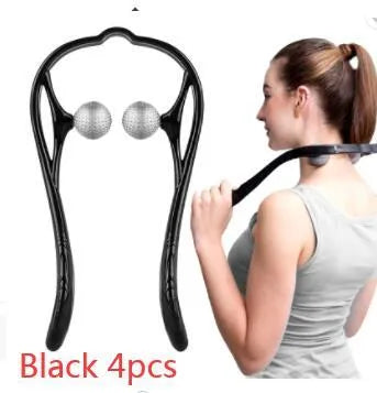 Blue plastic swan-shaped neck massager with hand roller and adjustable stand on a white background