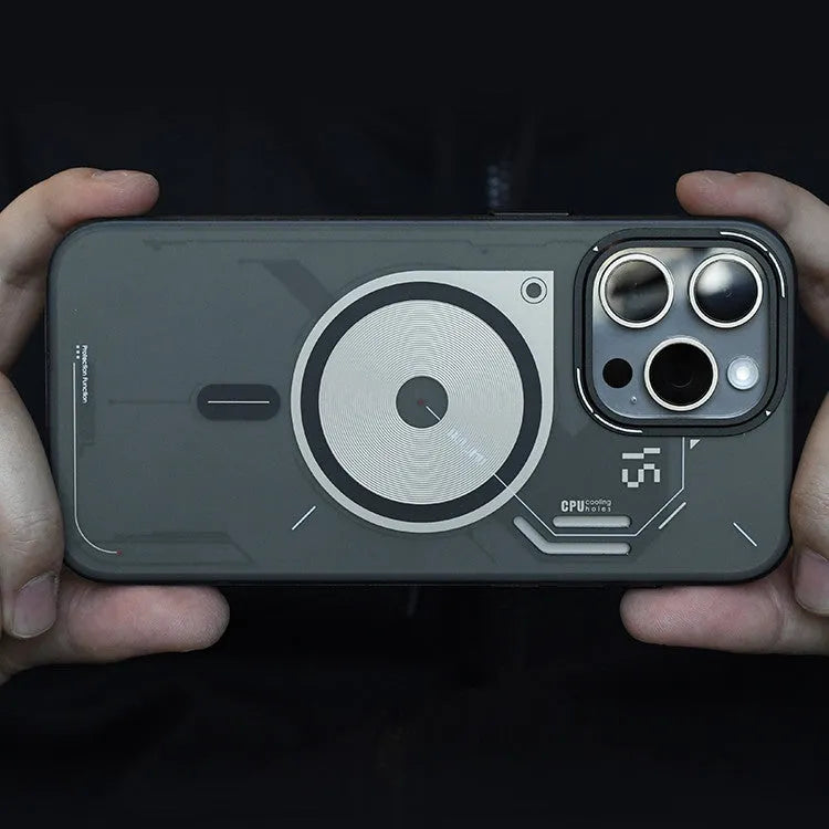 Grey magnetic phone case with cooling window for iPhone 15 Pro and 15 Pro Max in Cyberpunk style
