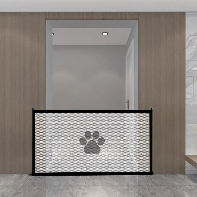 Portable folding dog barrier with cloth construction and plastic rod featuring dog footprint design