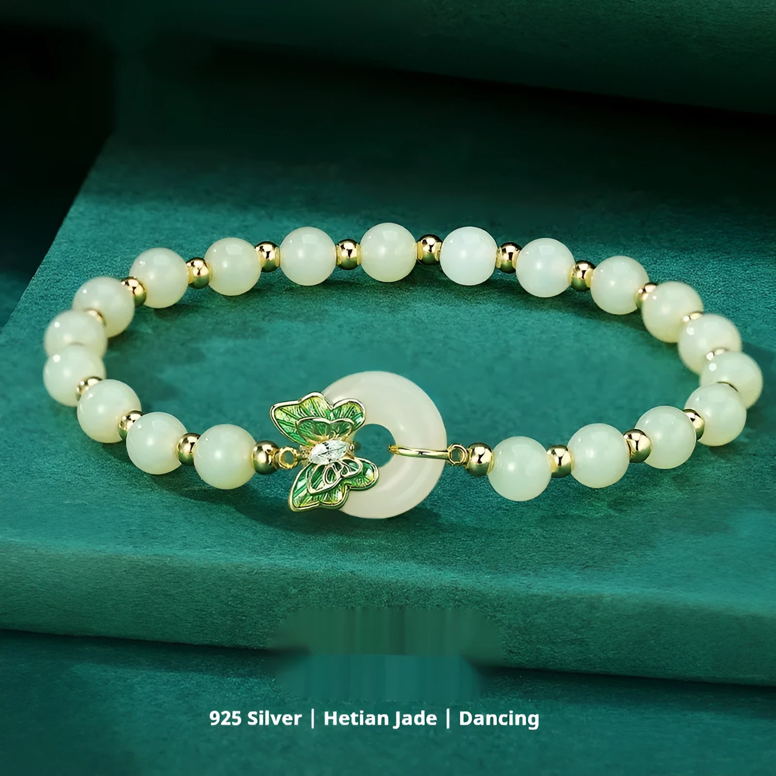 Hetian jade bracelet butterfly design cyan sterling silver inlay 6mm women's light luxury