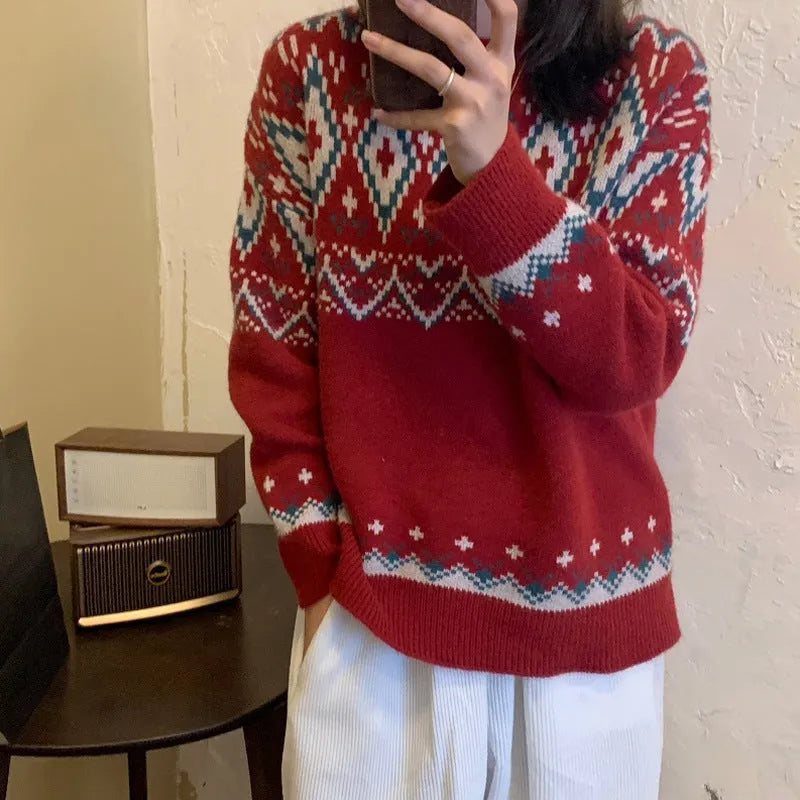 Loose red and white striped retro-style pullover knitted top with long sleeves