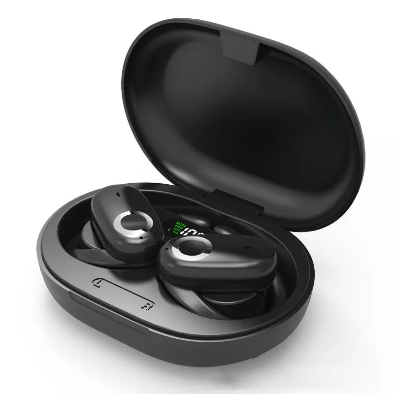 Simple Home rotating wireless Bluetooth headset in black with digital display screen, ear-mounted style