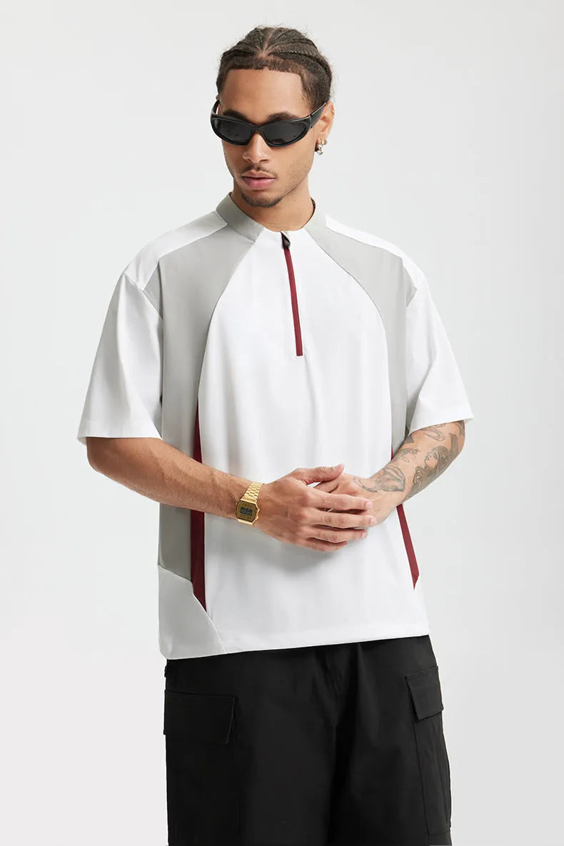 Men's lightweight polyester top in solid colour with stitching detail, available in black or beige