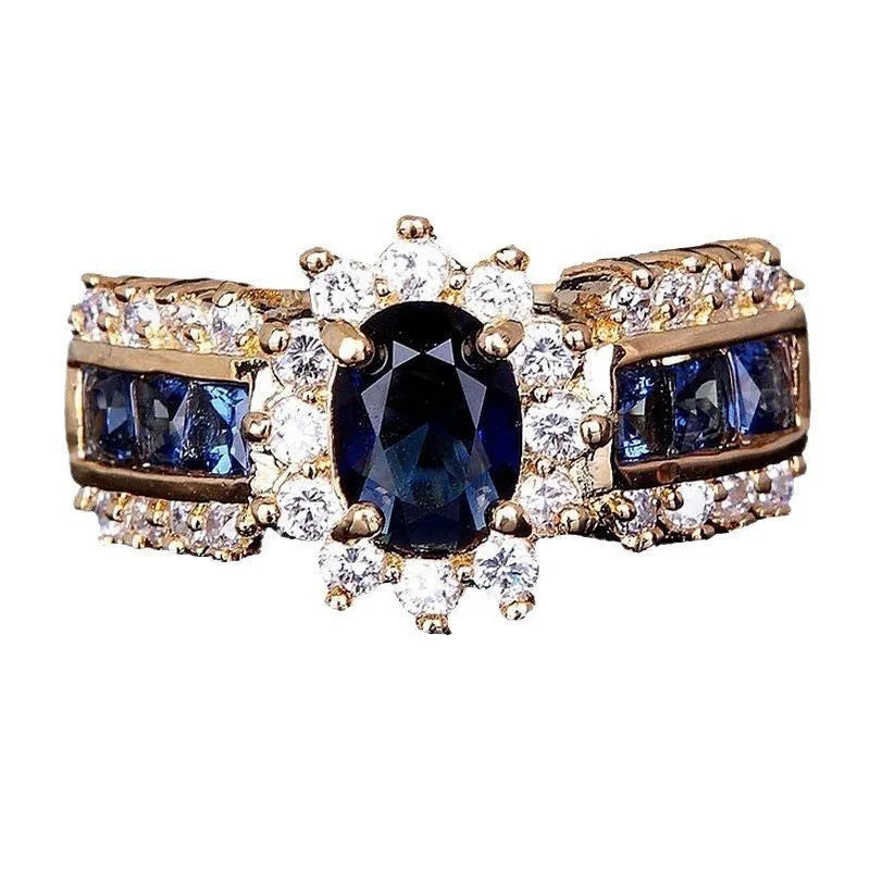 Personalised zinc alloy ring with gemstone options including blue diamond and zircon stones in sizes 6-11