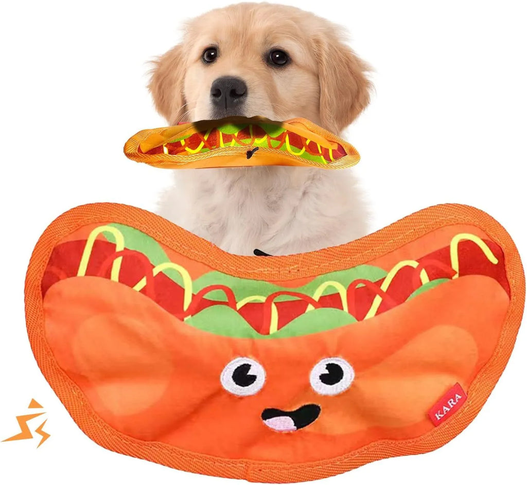 Hamburger shaped crinkle and squeak dog toy with no stuffing for safe interactive play