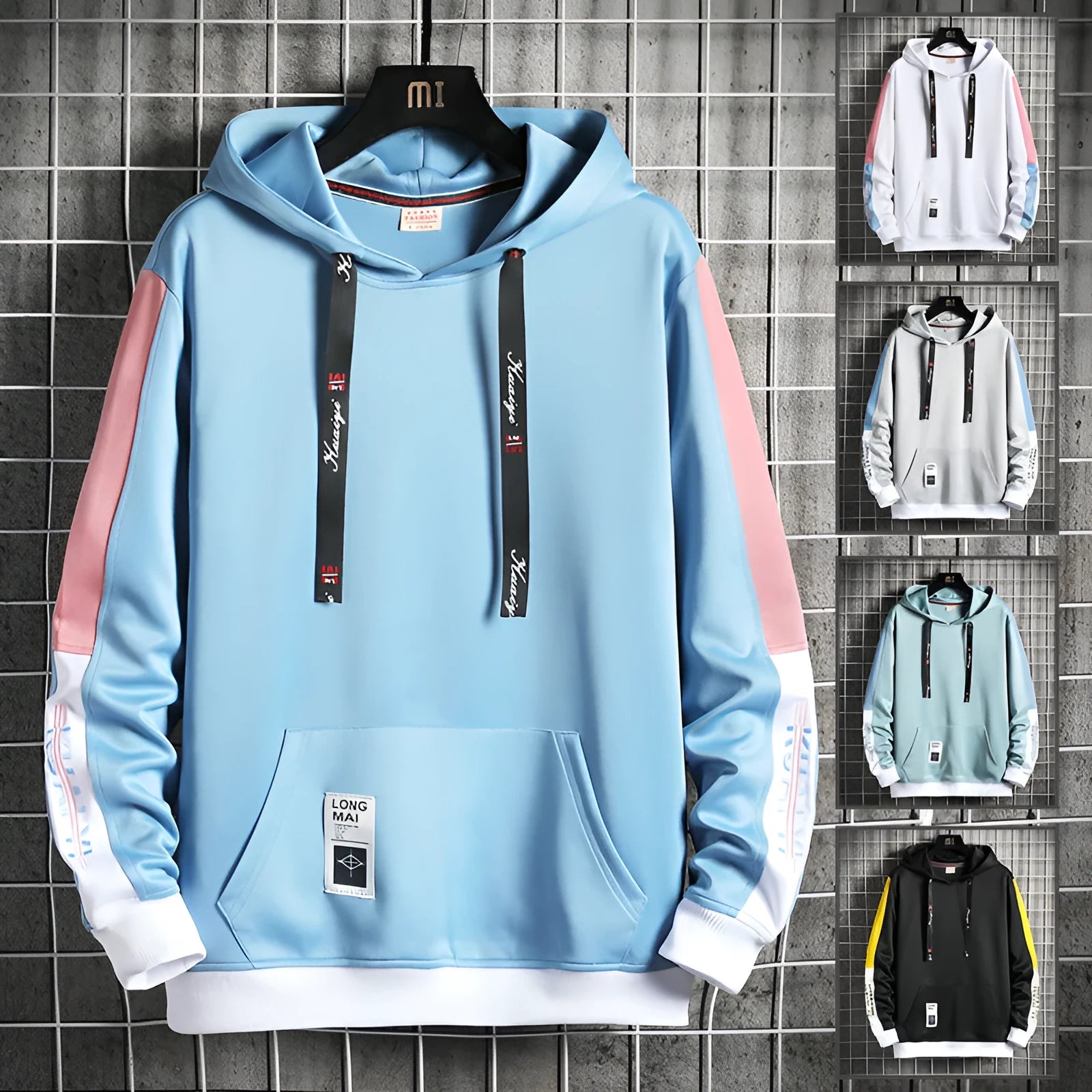 Men's casual printed loose long sleeve hooded top in polyester, available in black, white, gray, lake blue, mist blue sizes M-4XL.