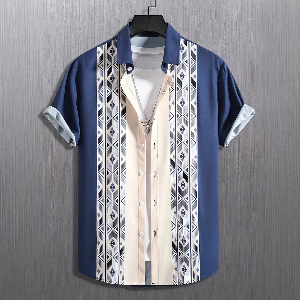 Men's plaid short-sleeve shirt cardigan with contrast lapel in elastic polyester fabric