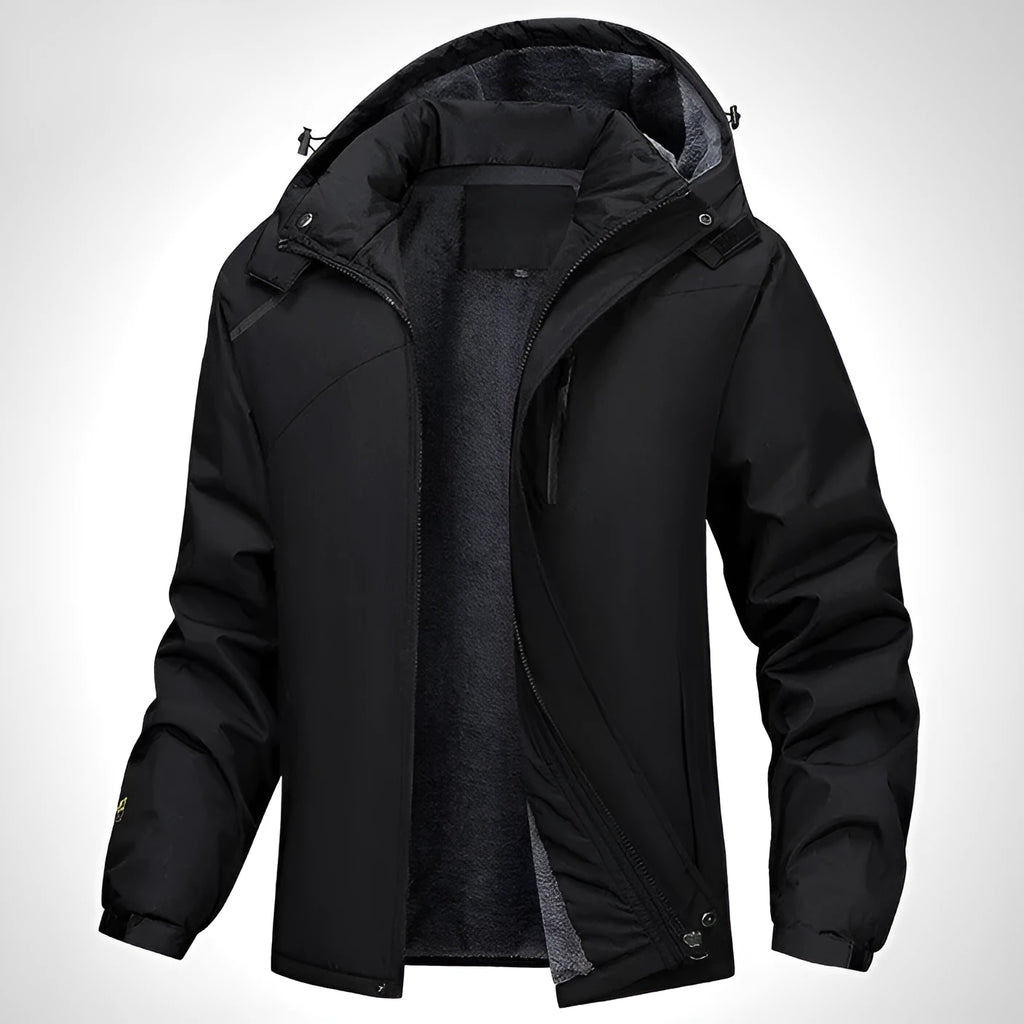 A man's loose-fitting hooded waterproof coat in army green, shown on a hanger.