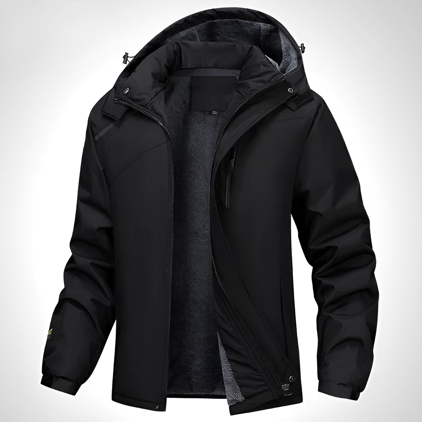 A man's loose-fitting hooded waterproof coat in army green, shown on a hanger.