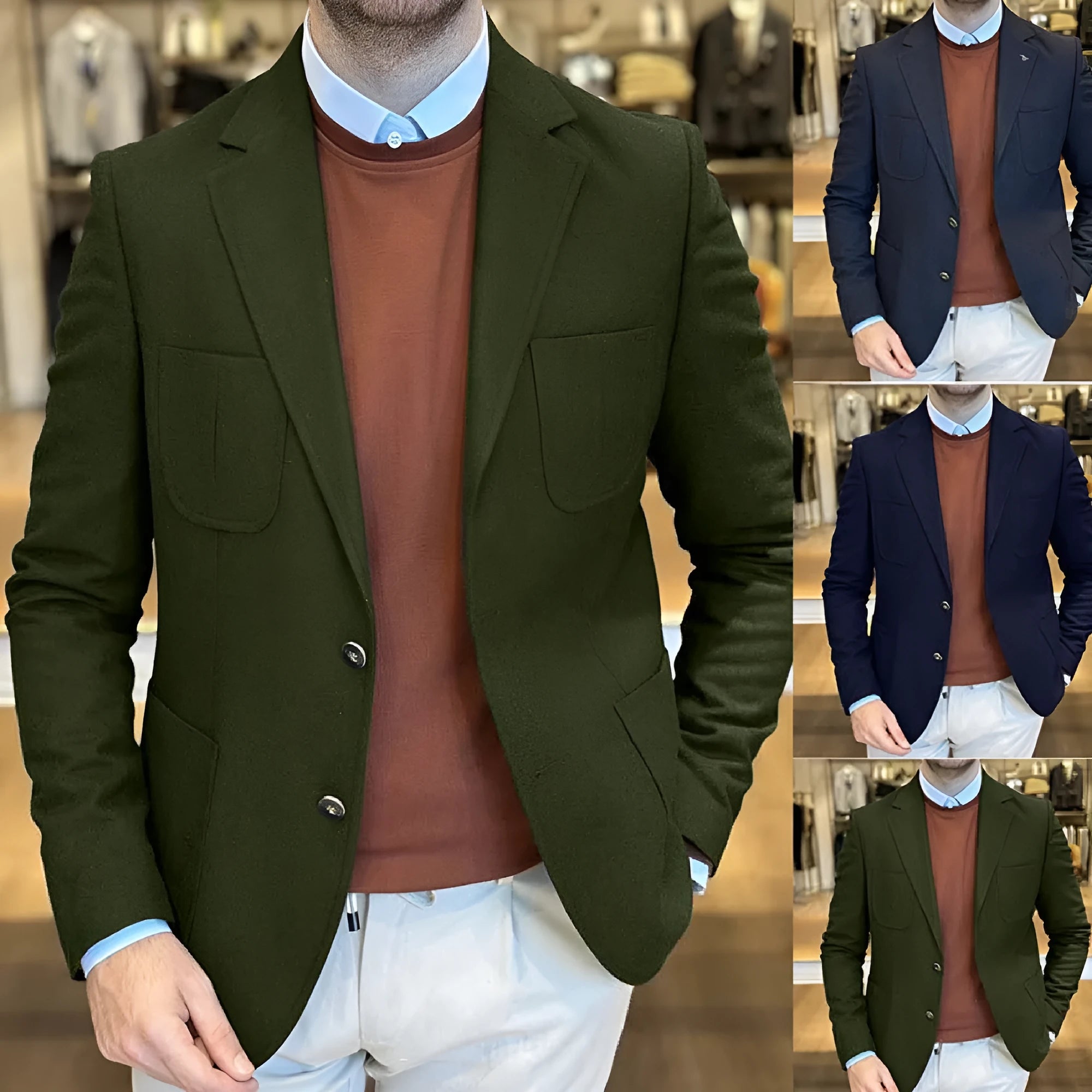 Men's loose fit cotton casual jacket in army green colour, retro tailored style