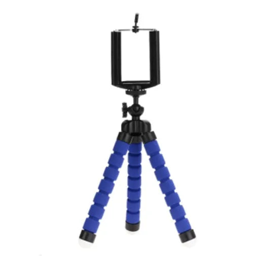 Black flexible octopus tripod with wrapped legs next to a smartphone, showing its 18cm size and universal screw mount.