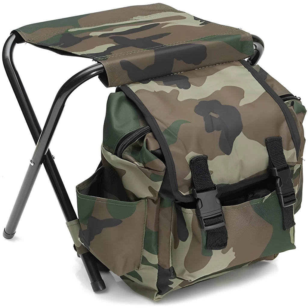 Camouflage foldable backpack stool made from Oxford cloth and carbon steel for outdoor camping