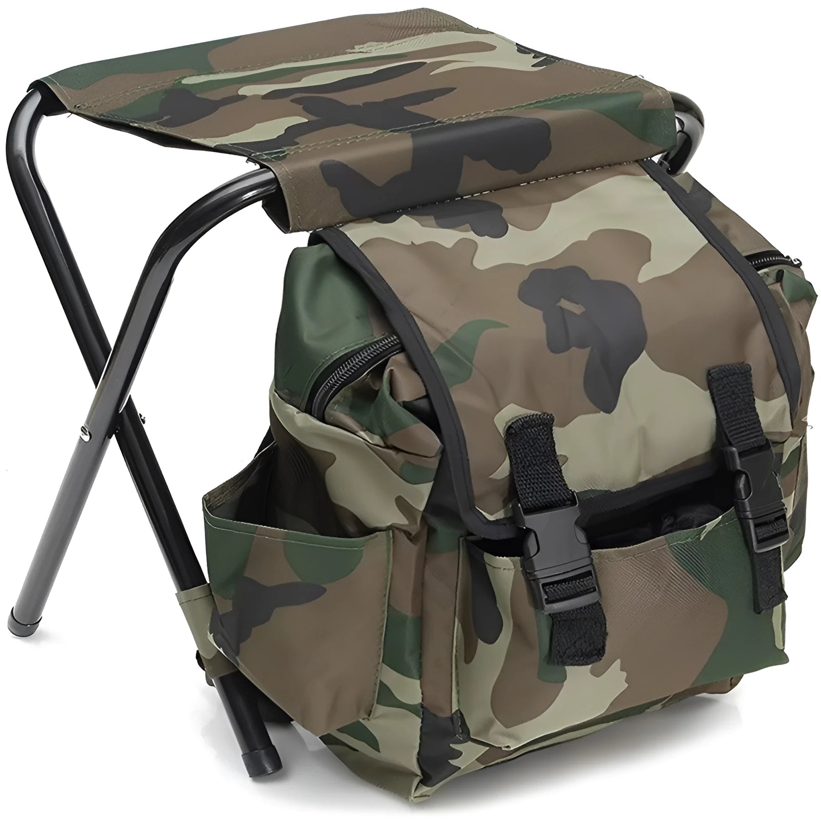 Camouflage foldable backpack stool made from Oxford cloth and carbon steel for outdoor camping