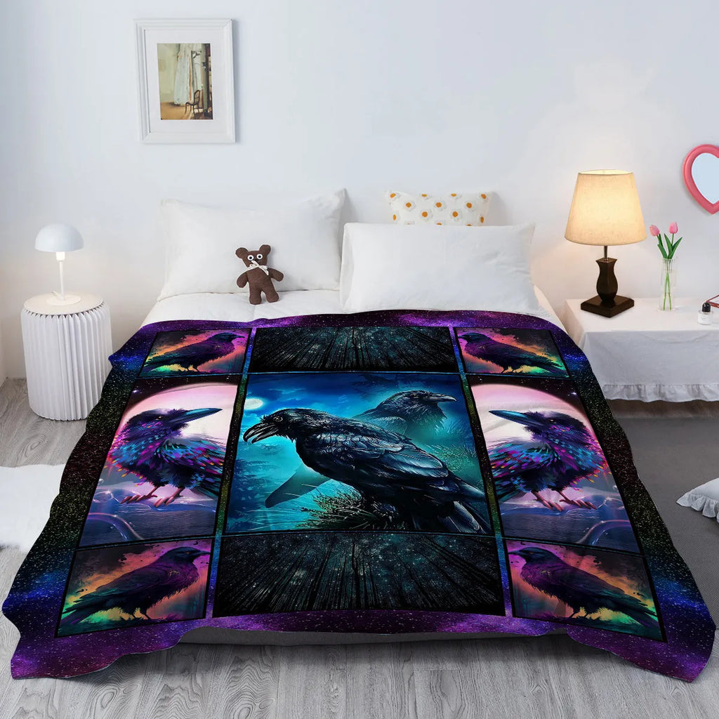 Flannel colourful raven print soft multifunctional throw blanket in multicoloured size options