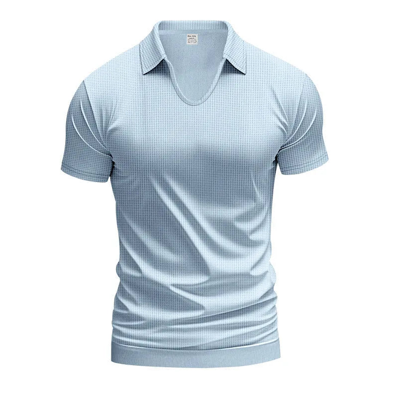 Men's loose fit V-neck t-shirt in cotton blend fabric showing short sleeves and solid colour design
