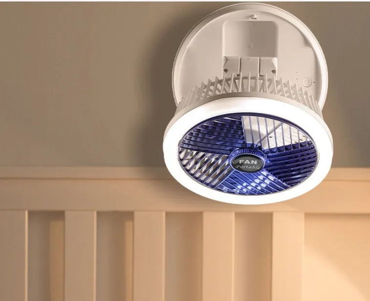 Blue foldable USB desk fan with LED light showing wall mount and ceiling hanging options