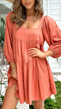 Children's square collar puff sleeve backless A-line dress in orange or light blue