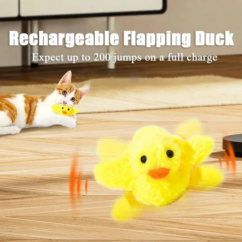 Yellow flapping duck cat toy with soft plush exterior, shown with a USB charging cable.