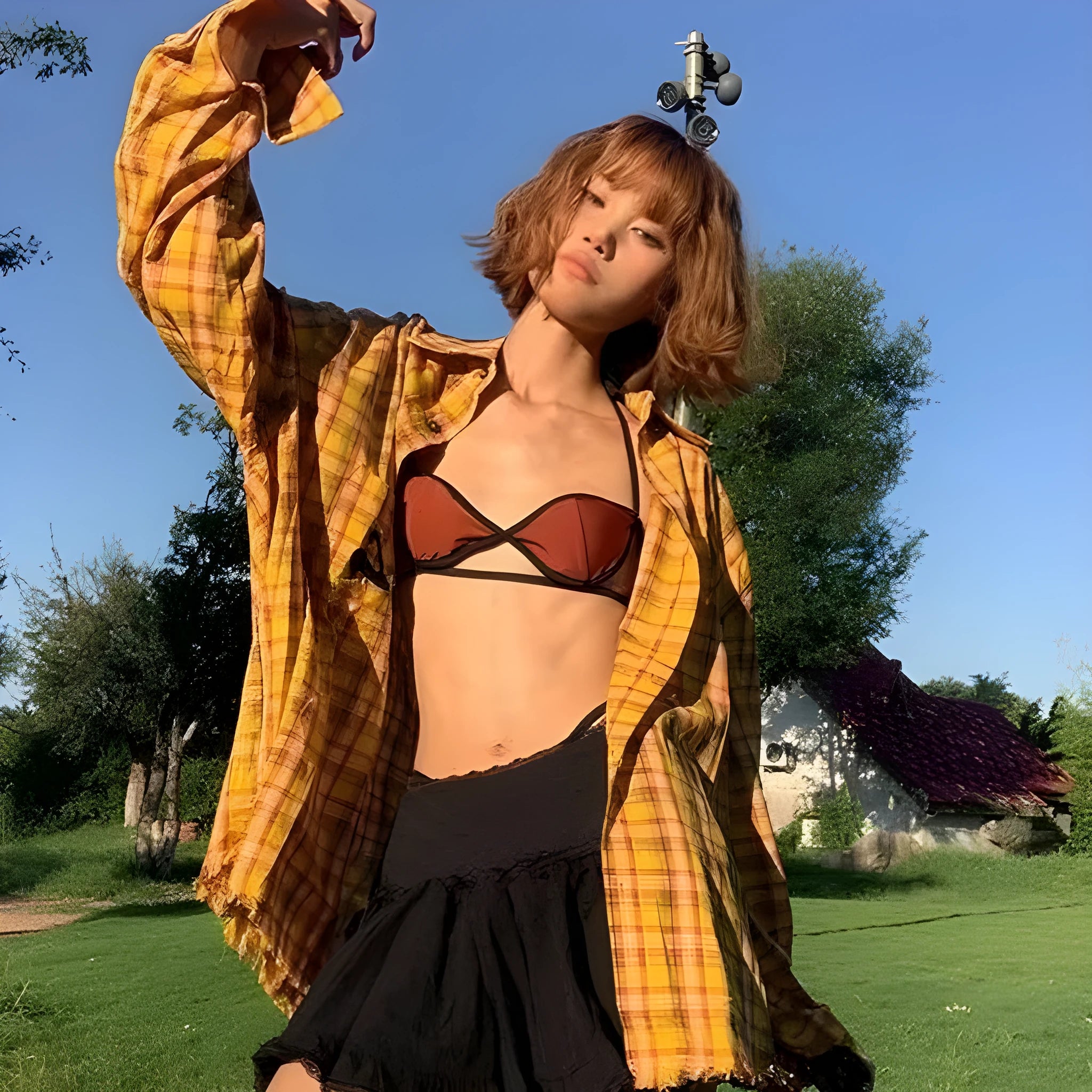 Dopamine yellow plaid shirt with loose cardigan style on hanger