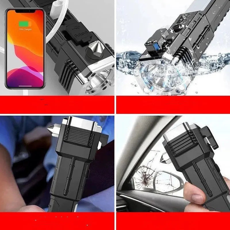 Silver portable LED flashlight with USB power bank function for outdoor and emergency use.