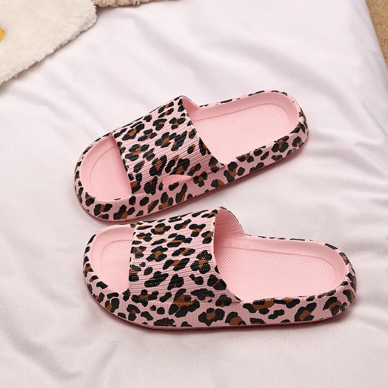 Leopard print slippers with thick EVA sole in black, pink, khaki, and white zebra patterns for women's indoor outdoor summer wear