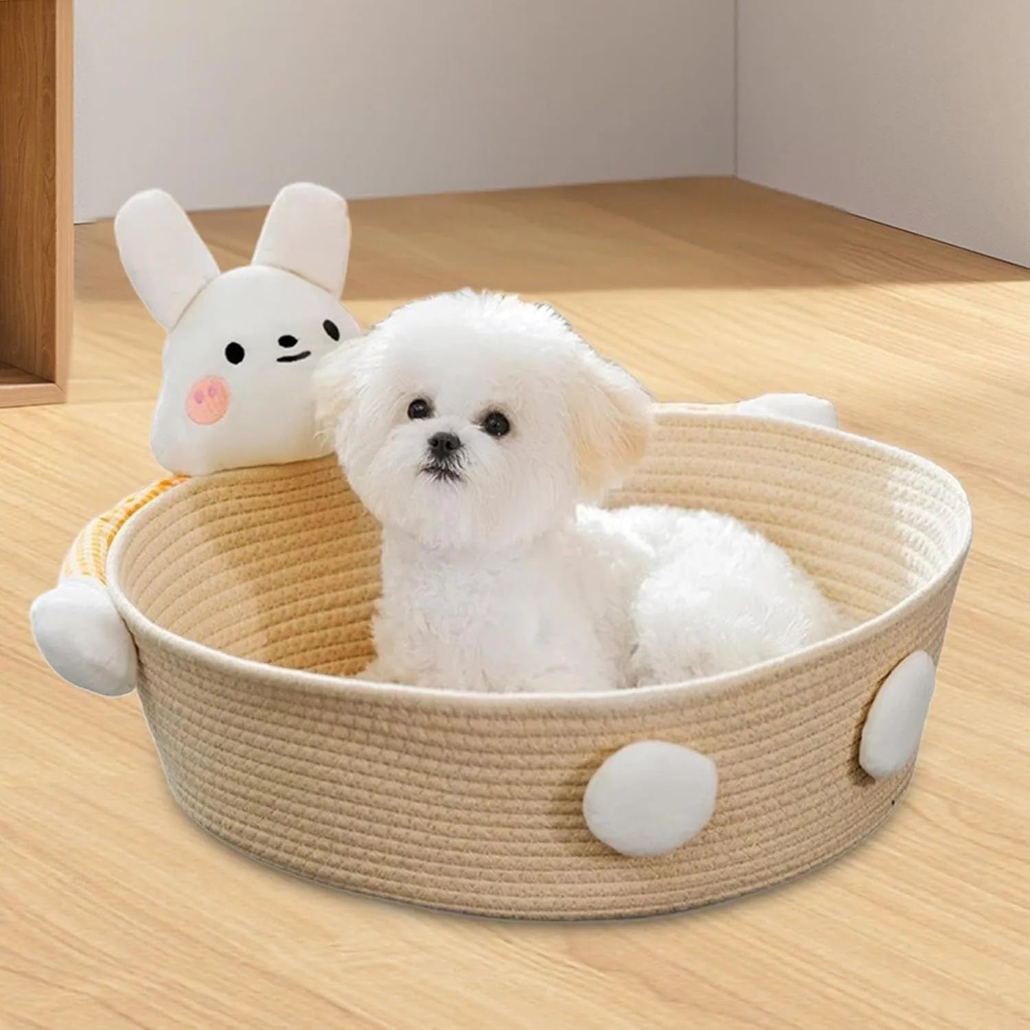 Woven cotton rope cat bed with scratching board surface, available in bear or rabbit styles.