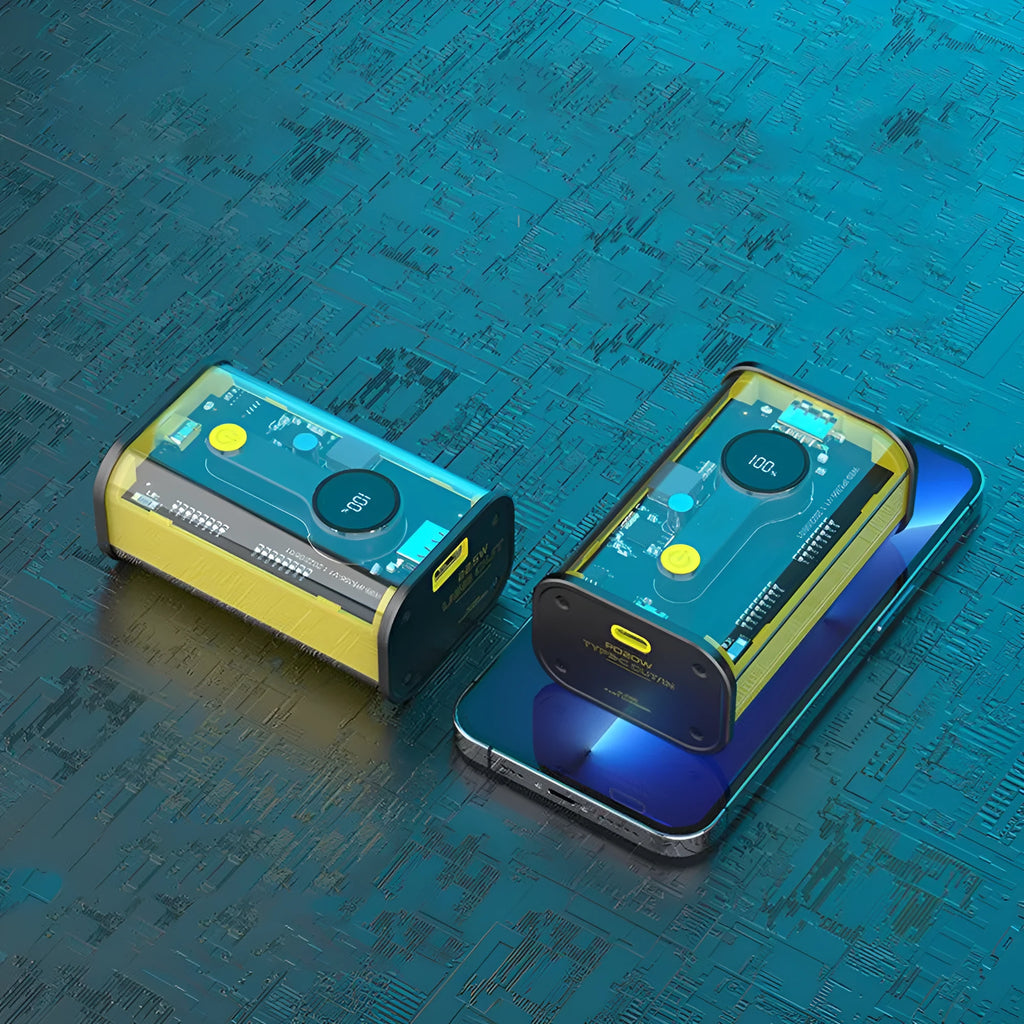 Transparent yellow industrial power bank showing internal aluminium battery case and 18650 cells
