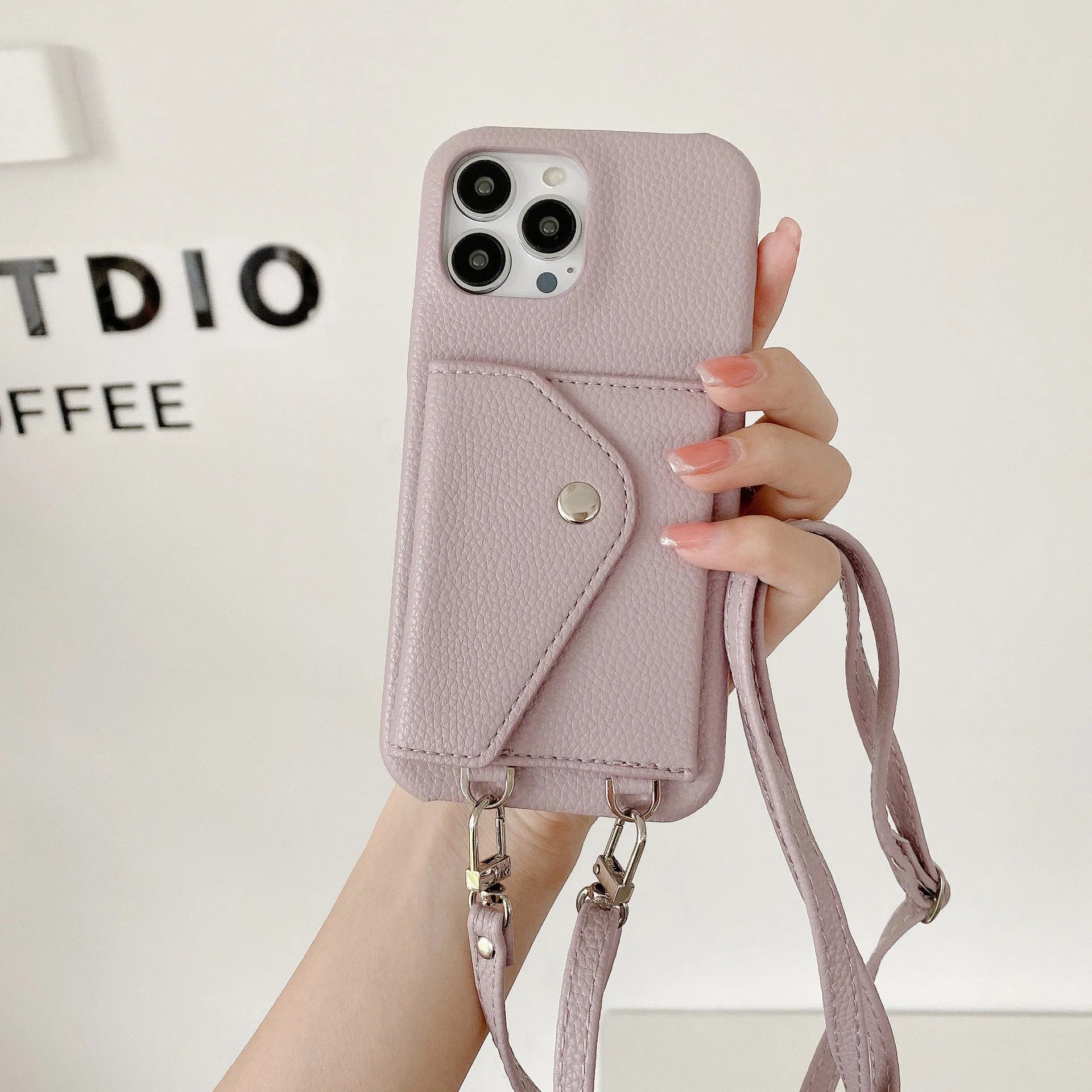 Lychee pattern triangle veil card holder crossbody phone case for iPhone 13 14 15 with lanyard, black colour