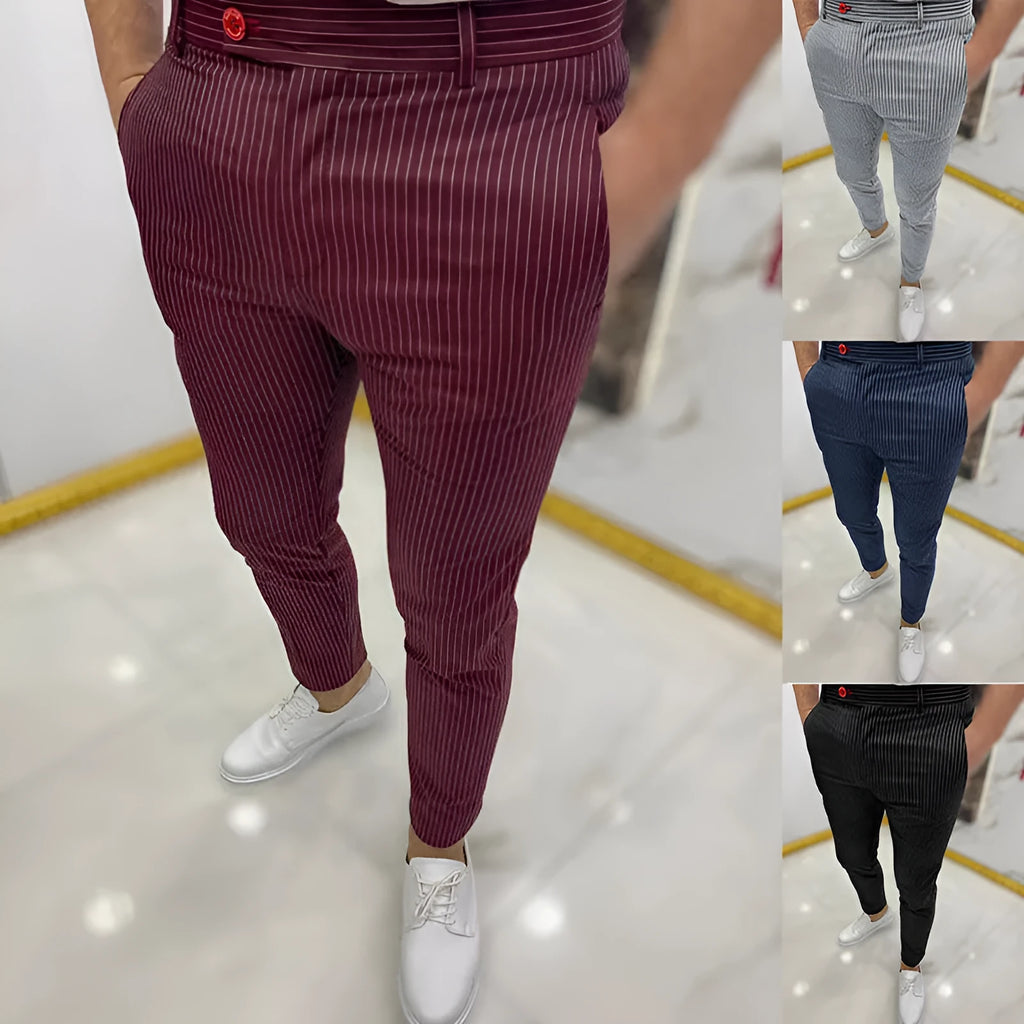 Men's thin striped slim casual trousers in chemical fibre blend, mid waist, button fly, available in multiple colours