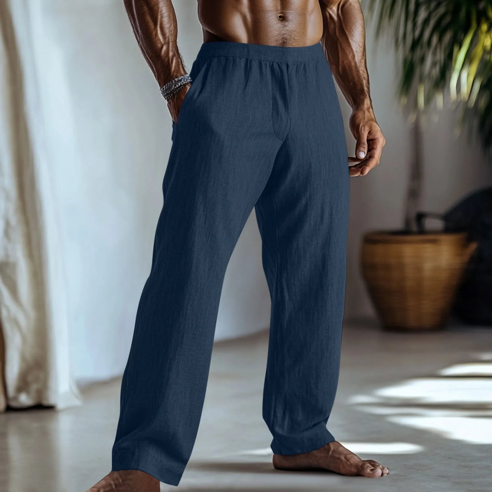 Cotton and linen straight leg trousers in British casual style with front pockets