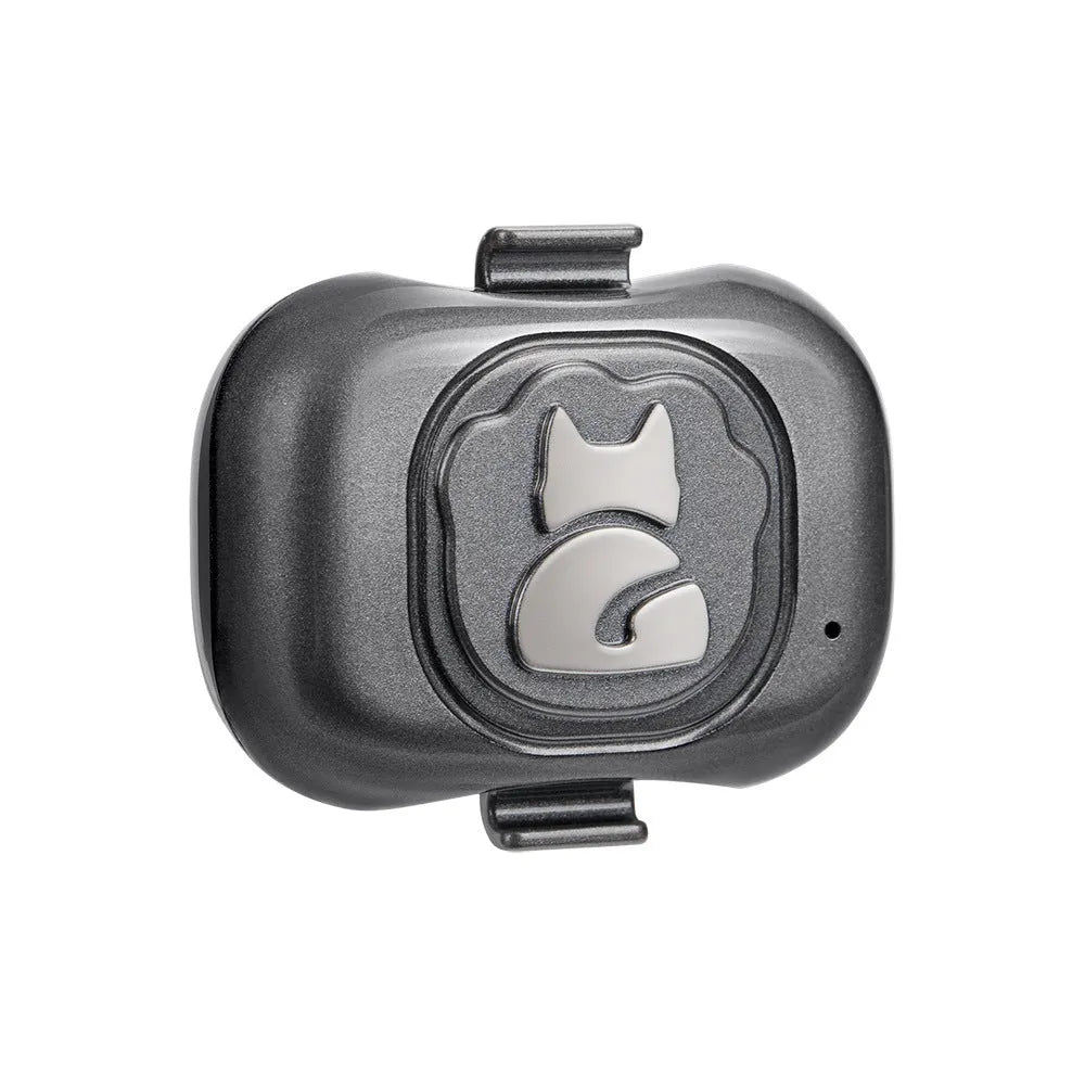 Black pet GPS tracker with hanging rope showing dimensions and USB charging port